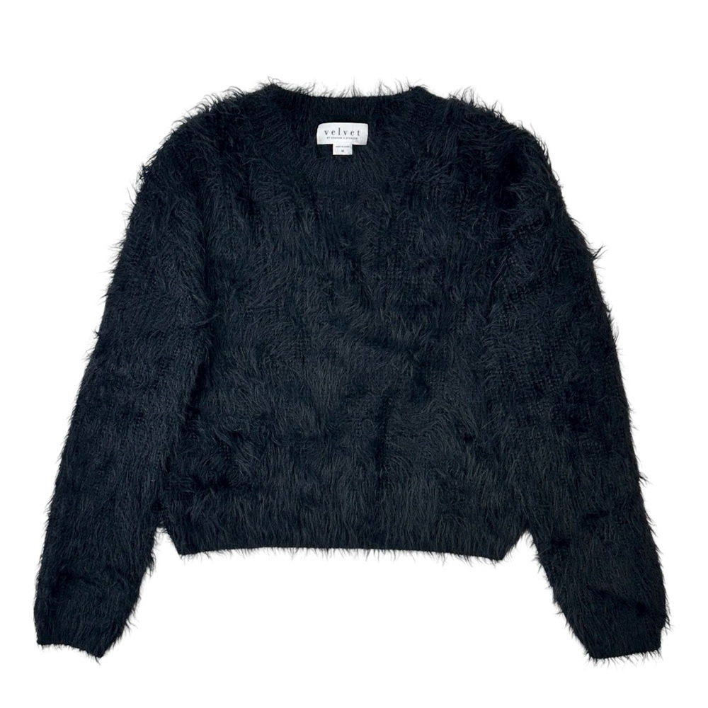 Velvet By Graham & Spencer Maylie Black Fuzzy Shaggy Crewneck Knit Sweater sz M